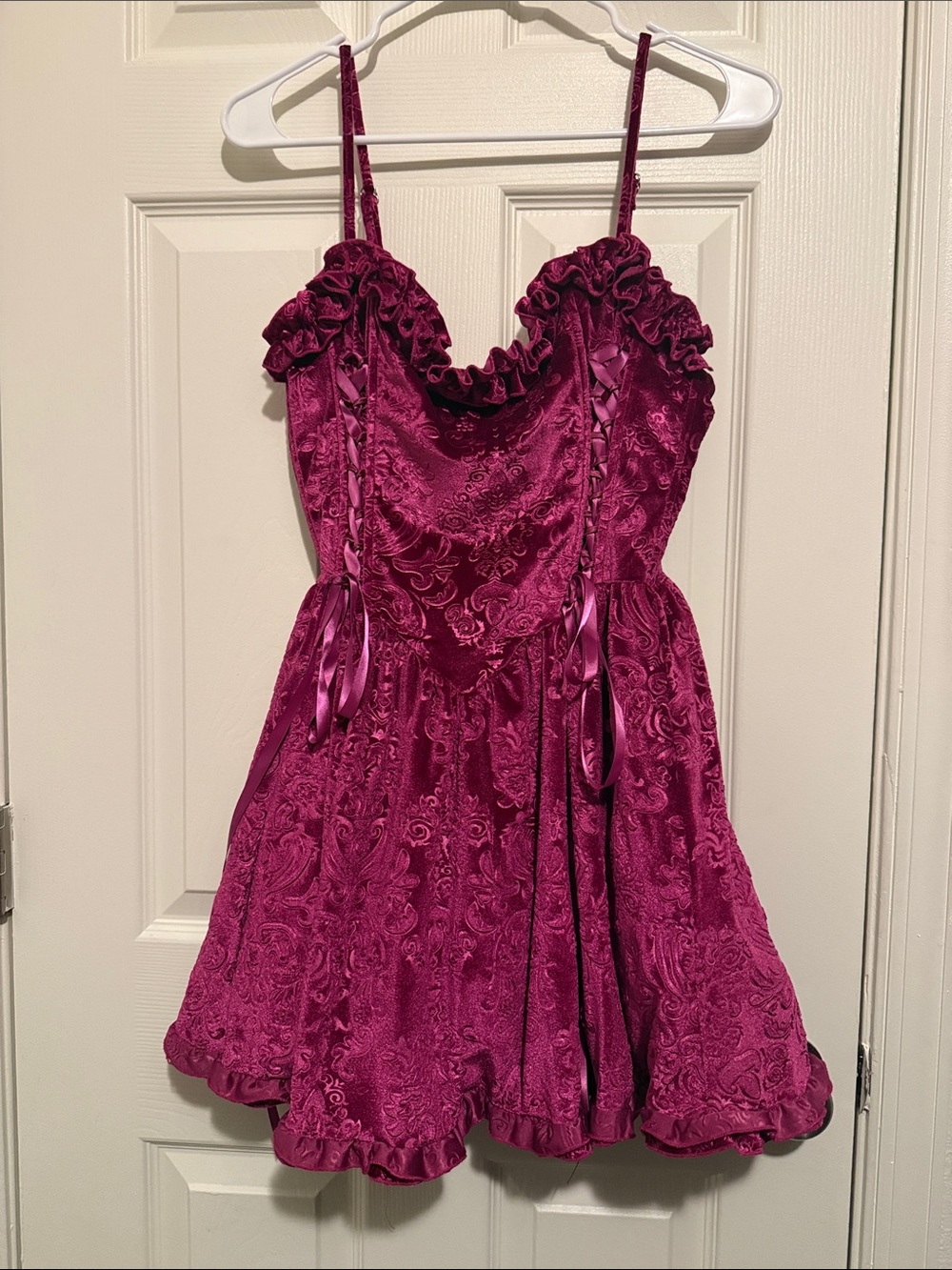 Women's Fuchsia Velvet Lace-Up Ruffle Party Dress